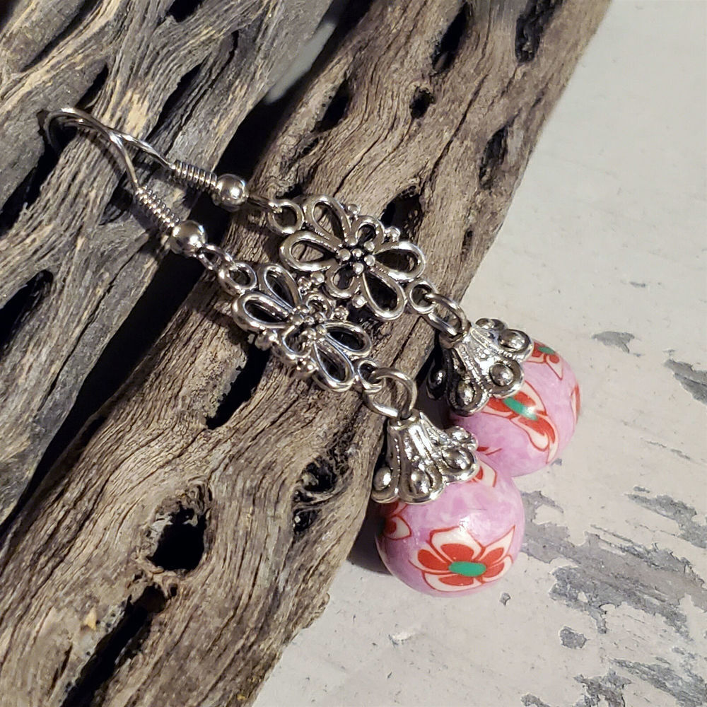Handcrafted Fimo Clay Pink Green Red Flower Beads Antique Silver Earrings